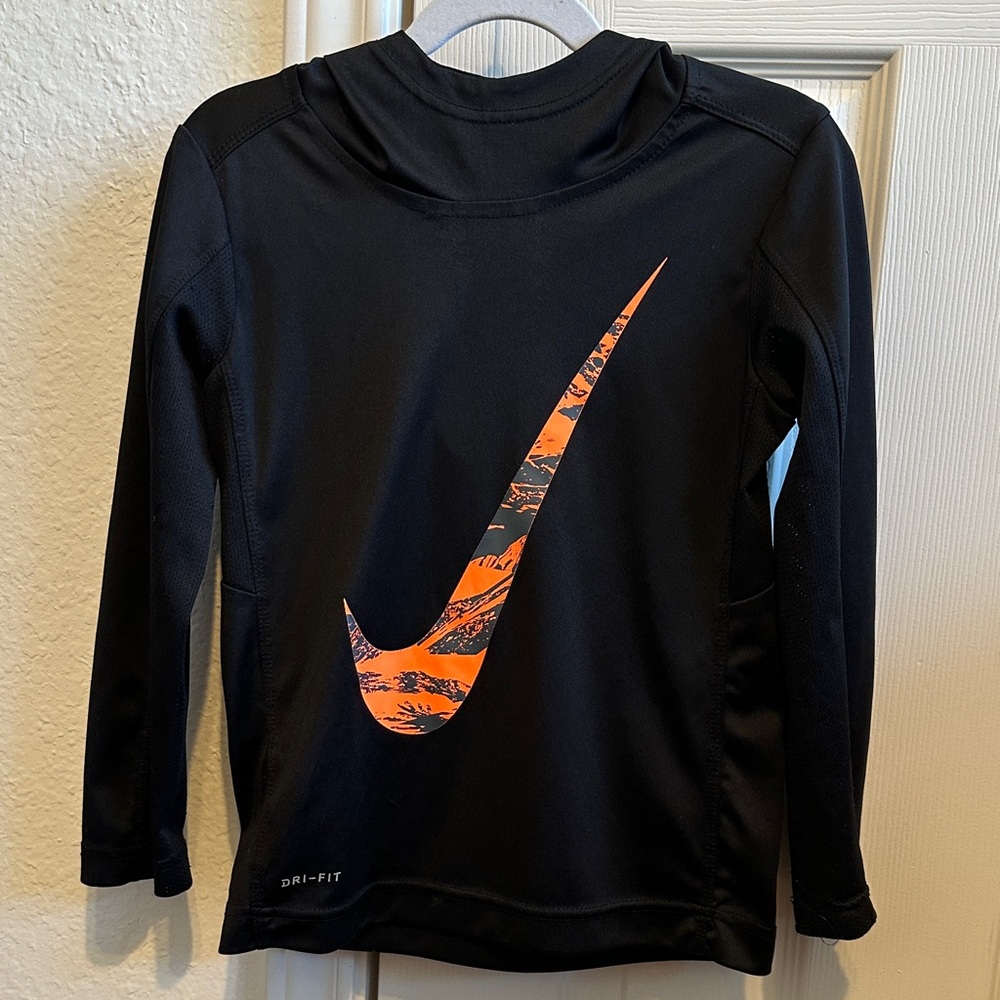 Nike Kids Black Dri-FIT Shirt with Camouflage Orange Swoosh